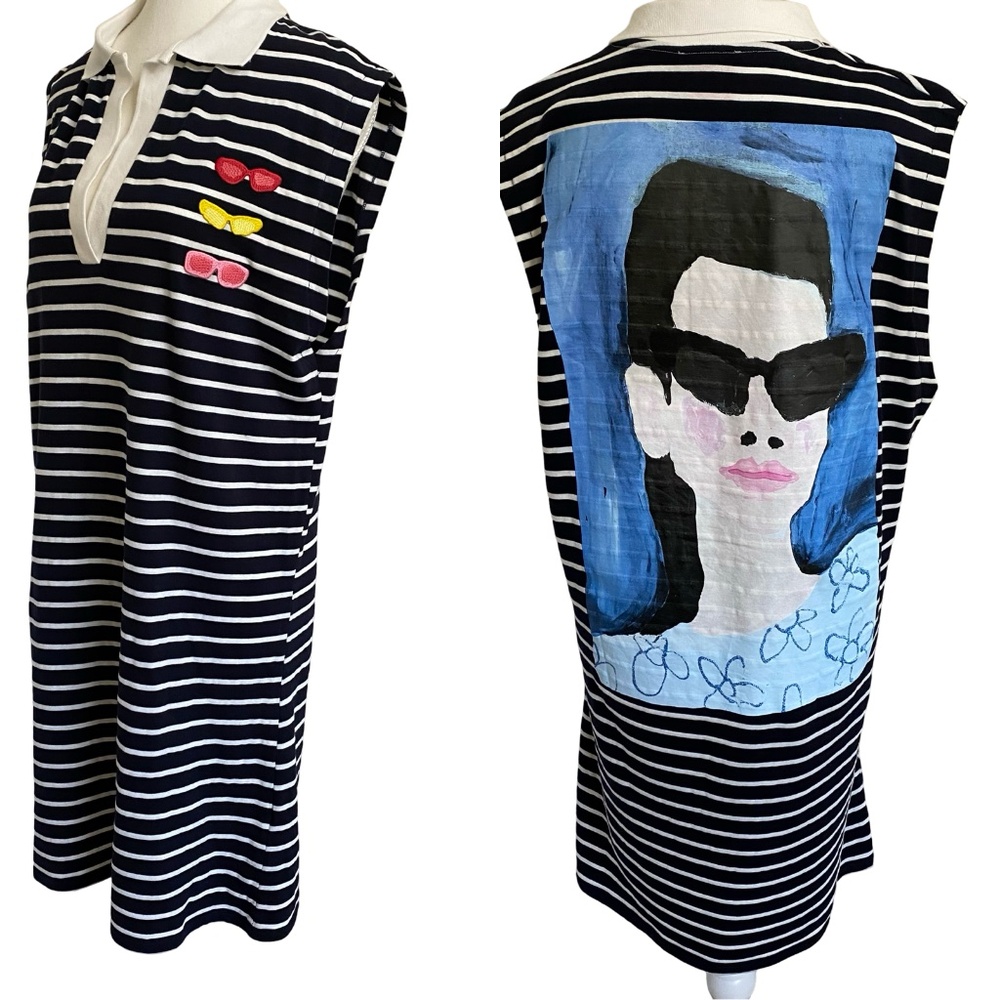 Natacha Paschal Art Polo Navy Blue Striped collared Dress, SZ M